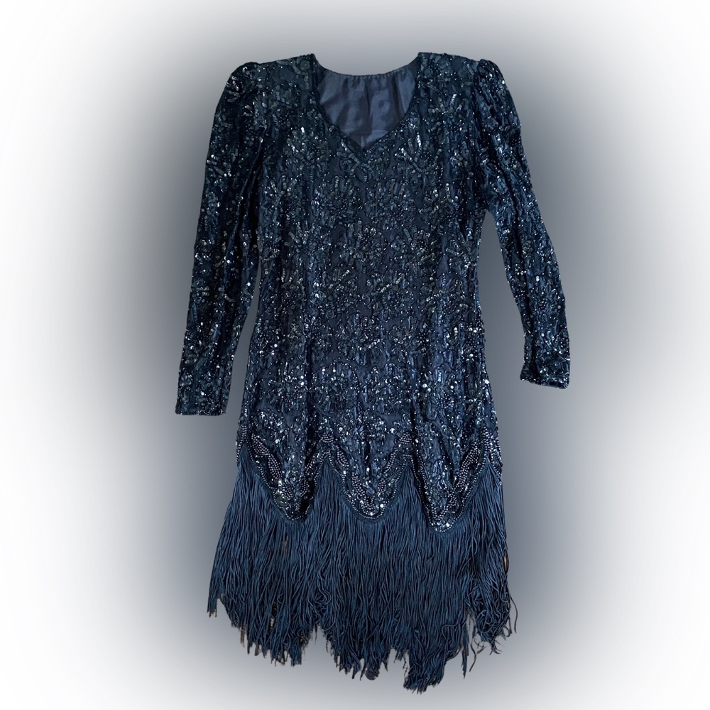 Dazzling Black Sequin V-Neck Dress with Fringe